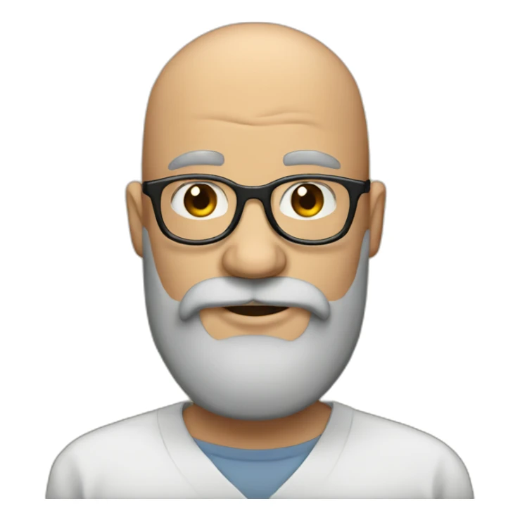 Bald man with glasses and big brown and grey beard with sticker
