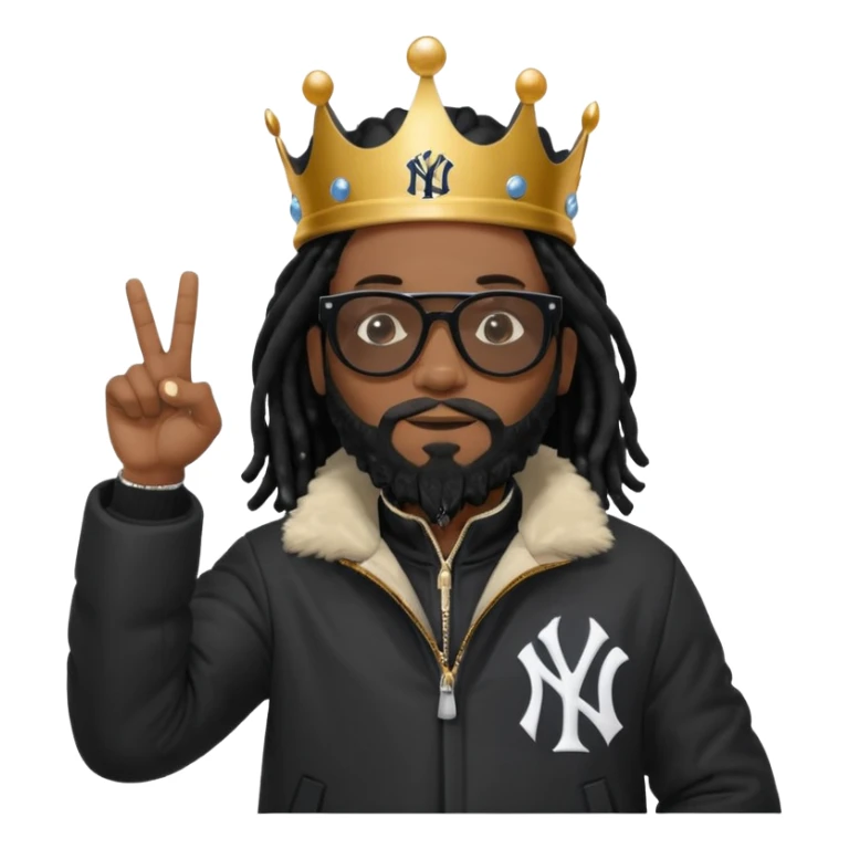 African American man with shoulder length black dreadlocks with black beard wearing black sunglasses wearing Crown on his head wearing a black bubble m New York Yankees logo winter coat pointing up sticker