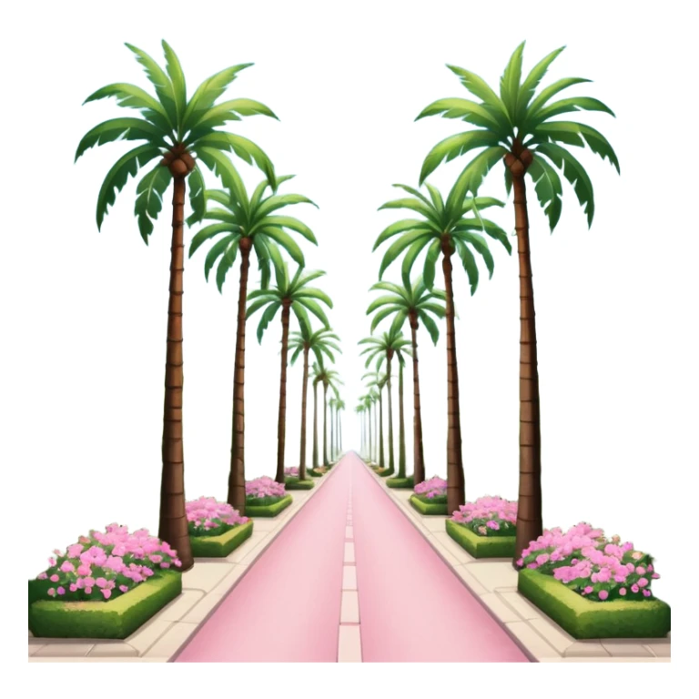 palm tree lined pedestrian pathway with tall green palm trees on both sides, pink flowering bushes, clear blue sky, bright sunny weather with symmetrical perspective view down the road sticker