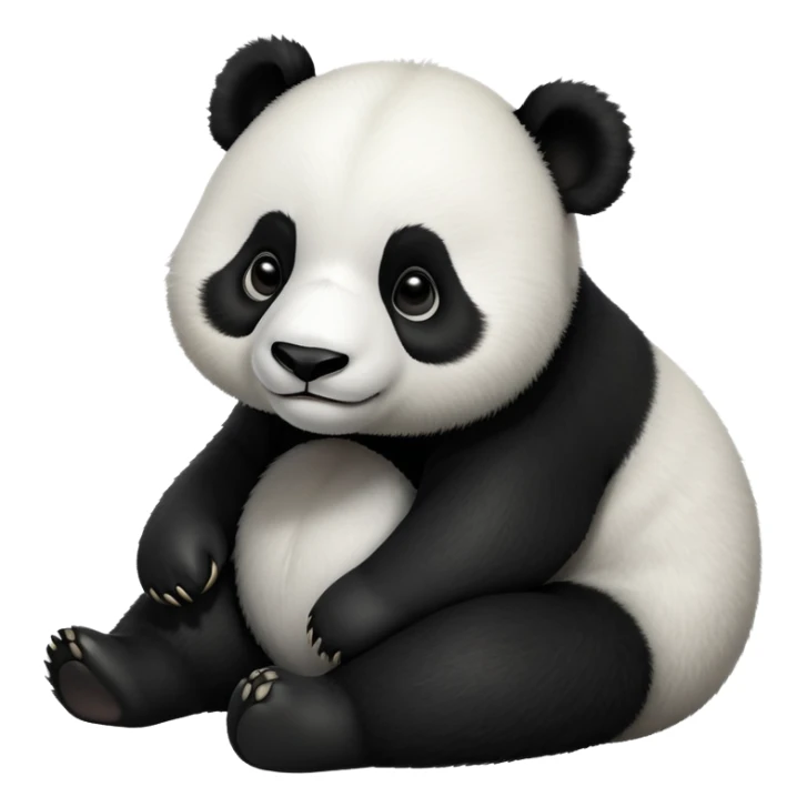 cinematic-[panda bear]-realistic-full-body-sitting-emoji,-tail-tucked-close,-head-tilted-dramatically,-thick-[black and white]-fur,-simplified-yet-realistic-focused-features,-highly-detailed,-glowing-with-an-almost-sarcastic-glow sticker