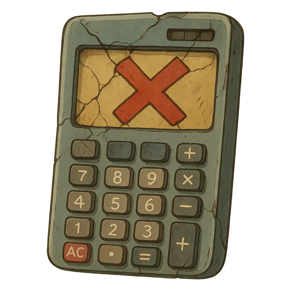 ghibli style broken calculator with a big red cross sticker