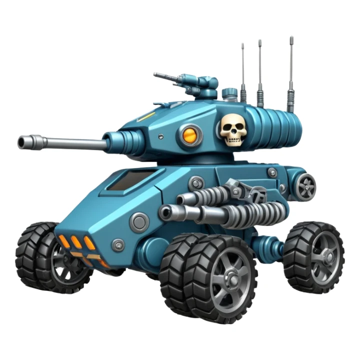 four-armed skull-headed tank mech motorcycle with four mechanical arms with guns, skull head with cables, tank tread lower body, aggressive expression, shiny metal with minimal color accents, preserve all proportions, pose, and details sticker