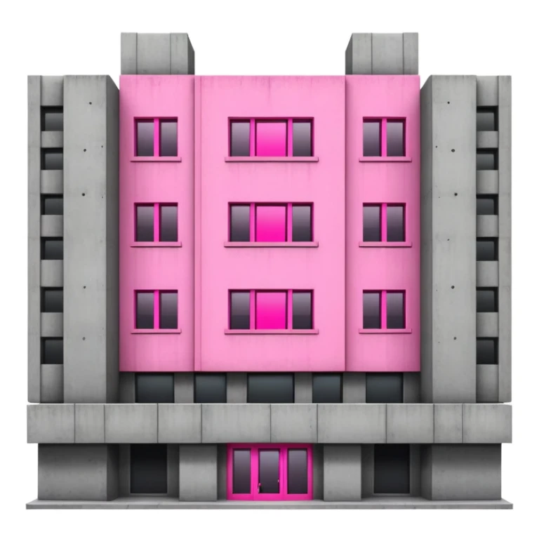 Wide brutalist concrete building with a central bright pink window surrounded by multiple regular windows sticker