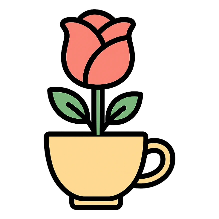a rose blooming from a coffee cup, soft colors, logo design, no text sticker