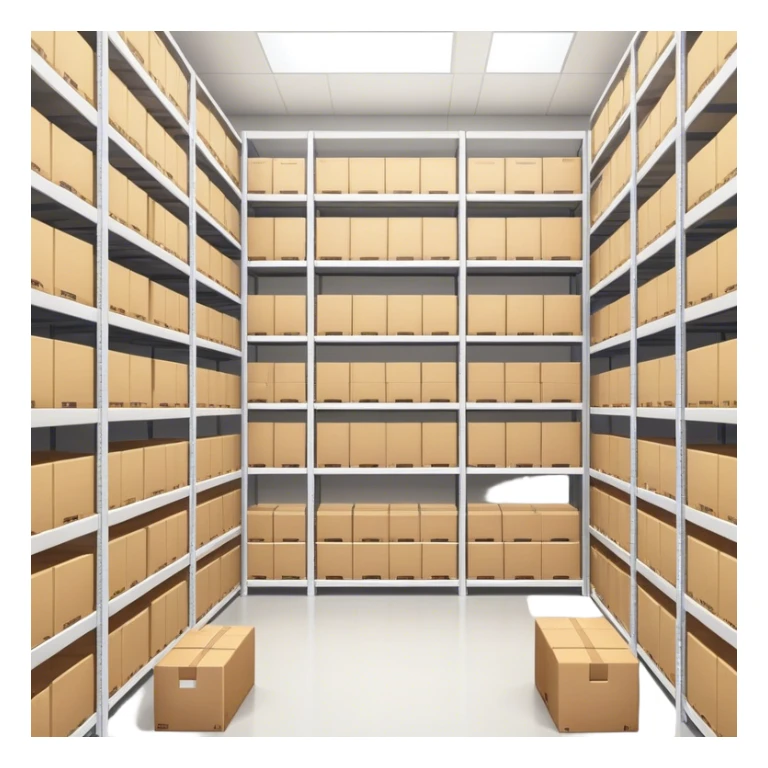 Un gran edificio con estanterías llenas de cajas bien organizadas. Representa un almacén eficiente y bien gestionado, donde los productos están listos para su distribución sin contratiempos. sticker