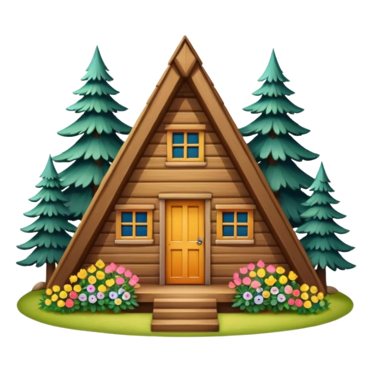 triangle small cabin in the woods, surrounded by pines, with flowers around sticker