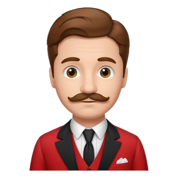 brown haired man with chaplin-mustache and red suit sticker