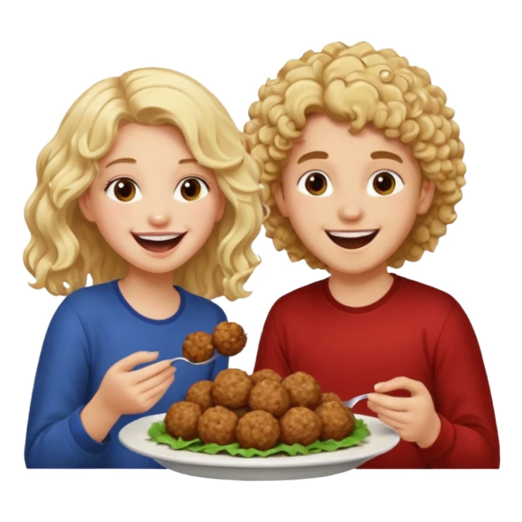 Ragazza bionda leggermente riccia e lunghi che ride ad un ragazzo con i capelli ricci scuri mentre mangia polpette sticker