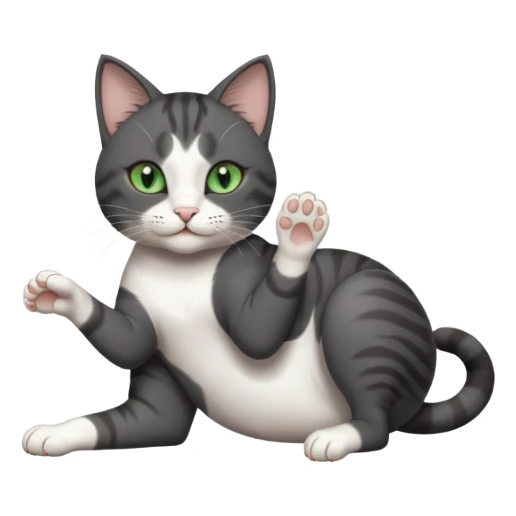 beautiful female solid dark grey cat with green eyes, white toes/paws and white patch on her chest playfully rolling upside down sticker