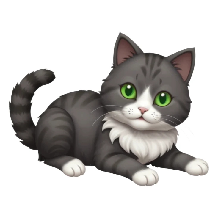 solid dark grey cat with green eyes, white toes/paws and white patch on her chest playfully rolling upside down sticker