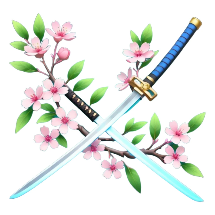 blue glowing katana with accent words And Sakura flowers leaves and branches entangled with it sticker