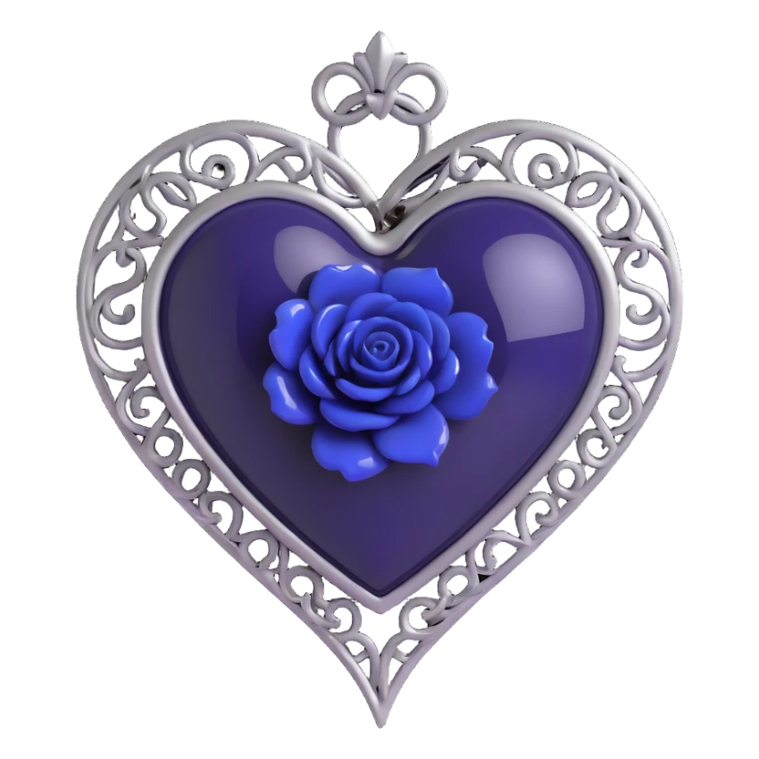 3D emoji gothic heart, deep indigo glass, silver filigree, black rose accent sticker