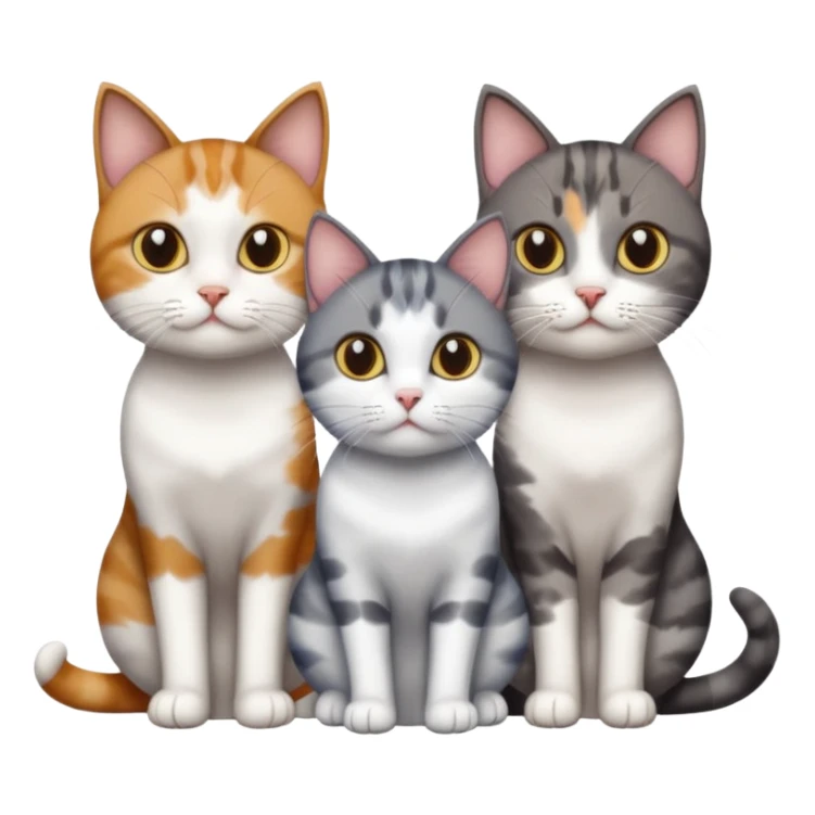 3 different coloured short haired cats including; a dark brown tabby and white cat, and a dark grey and white  sticker