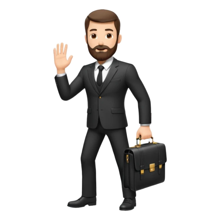 A handsome man, 40+ years old, with a thick beard in a black suit, fair skin, short stylish haircut, full-length photo, wearing an expensive watch, unusual pose, holding a briefcase, pumped up, super realistic emoji sticker