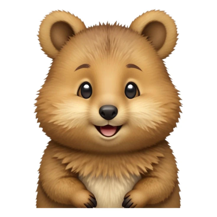 cinematic-quokka-realistic-emoji,-small-round-frame-balanced-on-tiny-strong-hind-legs,giant-fluffy-cheeks-large-smile-fluffy-brown-fur-radiating-a-warm-softness,-big-round-eyes-filled-with-joy, realistic emoji zoomed in sticker