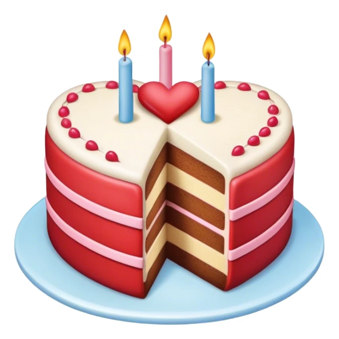 Heart shaped birthday cake divided in half. Each half has a different color sticker