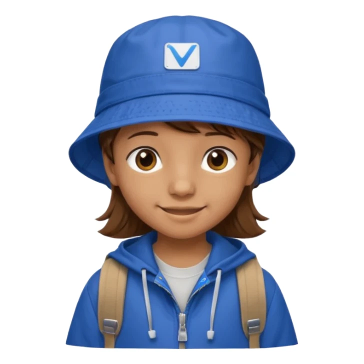 Little student, brown hair, wears blue bucket hat and jacket, backpack, shy sticker