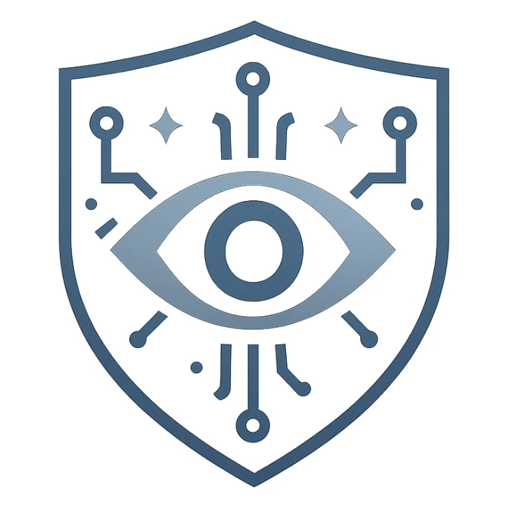 sleek professional logo with geometric abstract eye at center of shield, surrounded by digital circuit motifs subtle stars, dark blue gray metallic silver palette, minimalist futuristic authoritative suitable for defense intelligence branding sticker