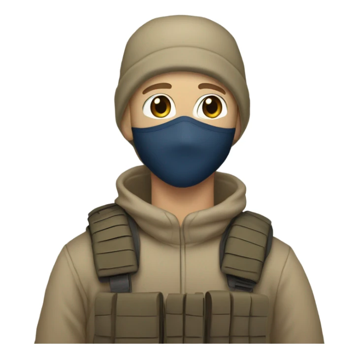 White male, face mask, tan tactical gear, combat boots, black beanie, blue eyes sticker
