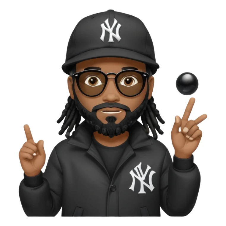African American man with shoulder length black dreadlocks with black beard wearing black sunglasses wearing a New York Yankees logo baseball cap wearing a dark black bubble winter coat hand pointing out sticker