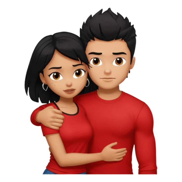 generate a pretty tan bratz boy hugging a fair black haired gf. The guy has black messy hair, lean but muscled and wearing a red tshirt sticker