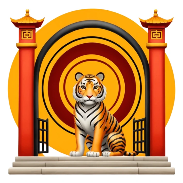 Traditional Chinese ink painting style emoji. A powerful tiger (like the ancient character 虎), standing guard in front of mystical gates (門). Energy swirls around him like a vortex (🌀). Minimalist, transparent background, 512x512 pixels. sticker