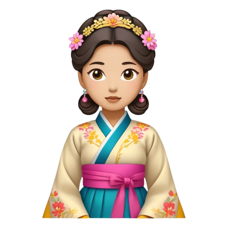 Cinematic Realistic Hanbok Emoji, depicted as a graceful intricately designed traditional Korean dress with vibrant colors and flowing lines, rendered with delicate textures and soft cultural lighting that captures its timeless elegance. sticker