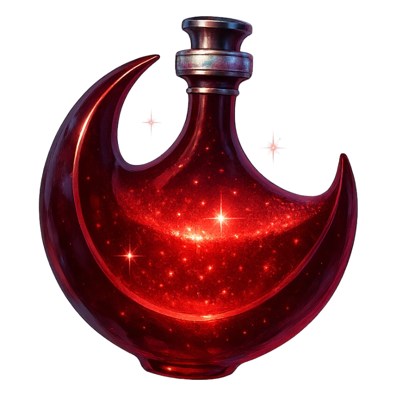 red moon-shaped luxurious elixir bottle, mysterious and mystical, deep red color, iridescent and silver details, intense magical glowing and sparkling effects, very small neck, seamless bottom, transparent background, floating, no base or shadow, modern, matching a collection sticker