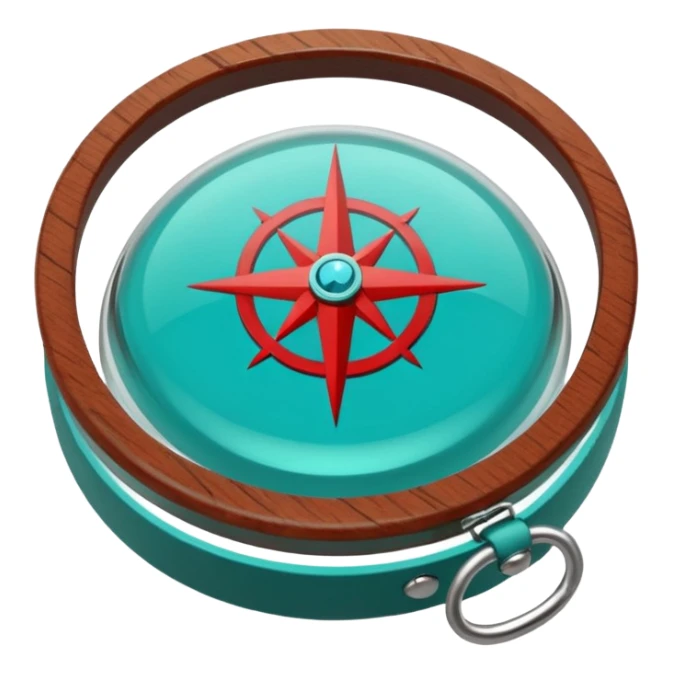 Round glass dome with turquoise-green liquid inside, red compass needle floating in center, brown wooden wrist band with metal clasps, anime cartoon style with clean line art sticker