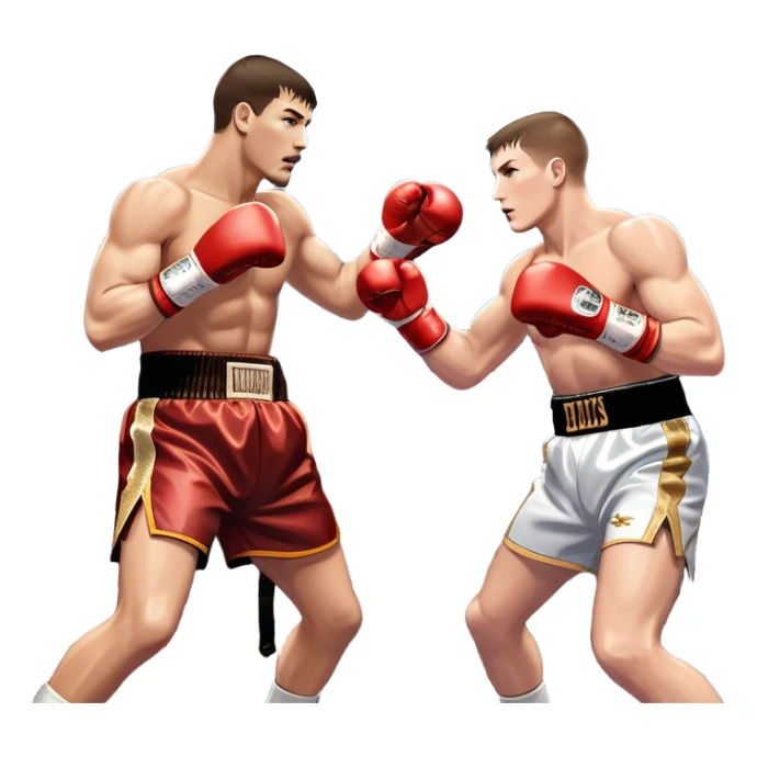  a high-stakes boxing match for the world championship title. Two professional boxers, wearing gloves and championship belts, exchange powerful punches in the center of the ring. The background features a packed arena with bright lights, a roaring crowd, and the championship banner hanging above.  sticker