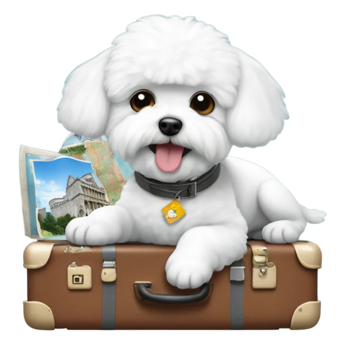 A world traveler Bichon Frise with a suitcase filled with iconic places stickers on the suitcase  sticker