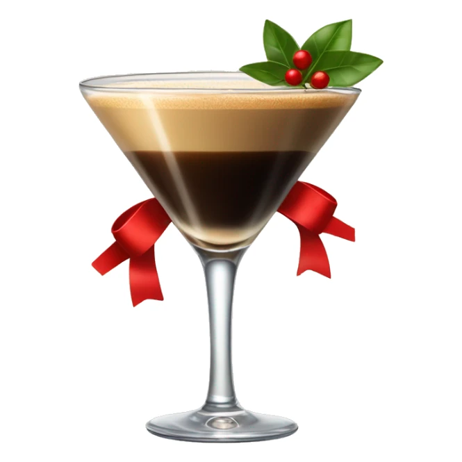 An espresso martini with a red bow on the stem of the glass sticker