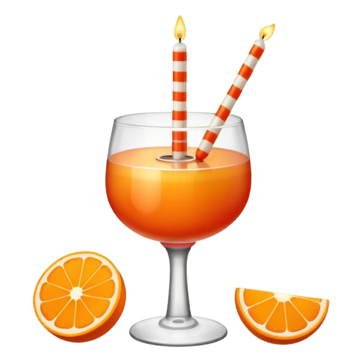 An orange with a horizontal red stripe around the middle. 4 vertical cocktail sticks in the orange with small pieces of candy on the sticks. On top of the orange a small white lit candle. The orange should be a piece of fruit not a drink.  sticker