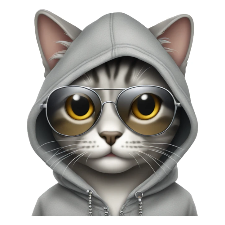 Grey tabby cat wearing hoodie, sunglasses and chain necklace sticker