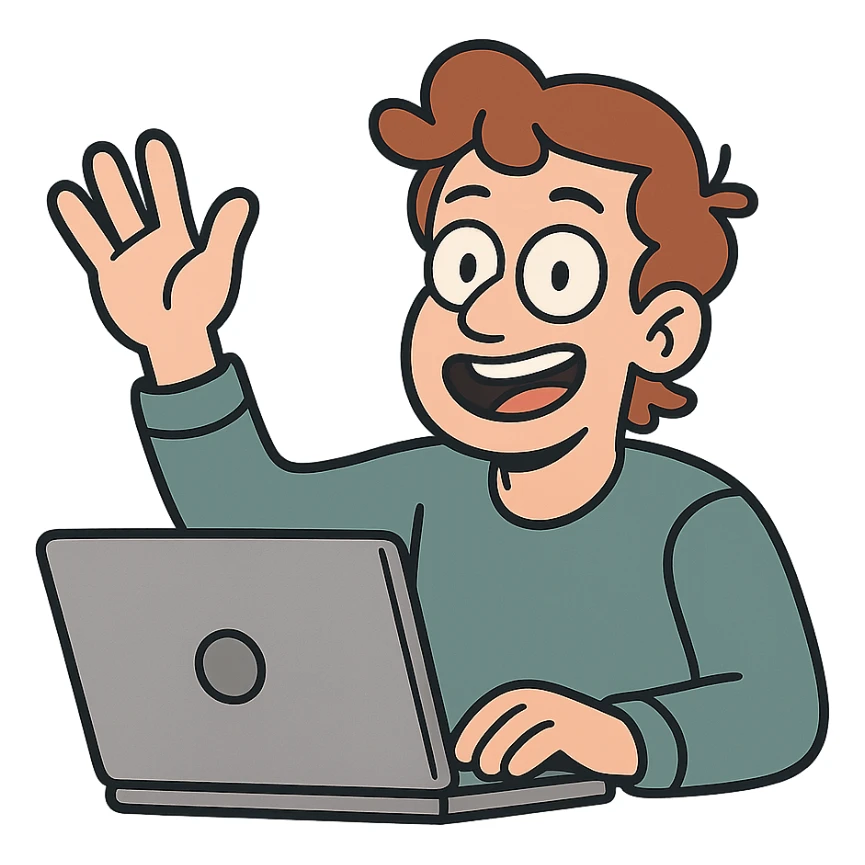 cartoon style person with laptop raising hand, no background sticker