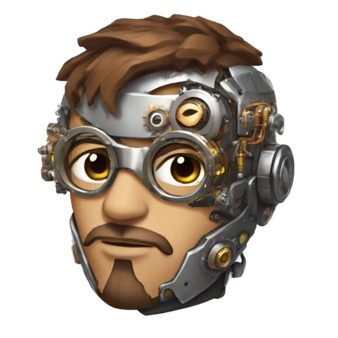 male cyborg head with brown short hair, brown beard, silver steampunk goggles and circuitry sticker