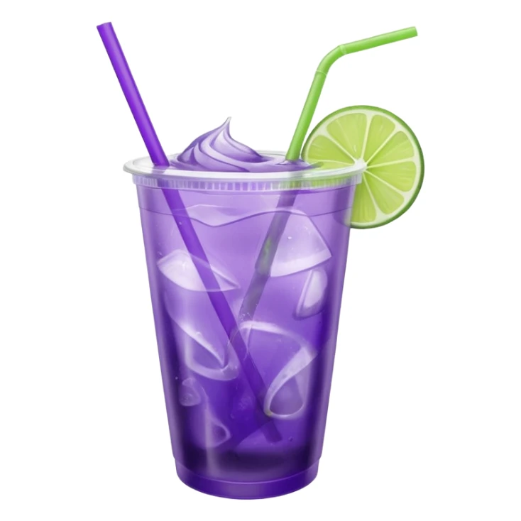 purple cocktail with a lime in a plastic cup with lid and straw sticker