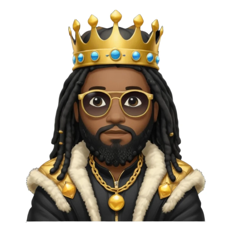 African American man with shoulder length black dreadlocks with black beard wearing  dark black sunglasses with a black bubble winter coat wearing a crown with arms folded sticker