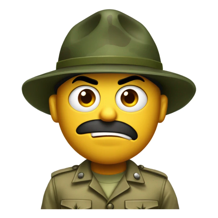 drill sergeant character wearing a classic sergeant hat and a camouflage army shirt. The character should have an angry intense expression. full torso sticker