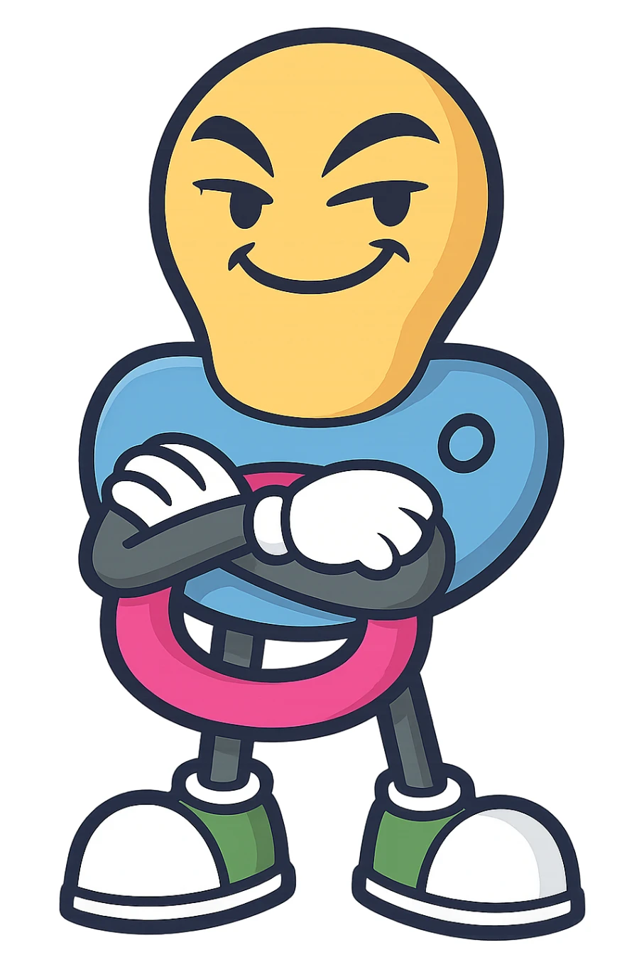 Create a confident adult pose of the pacifier character with arms crossed, keeping the same style, colors, and mischievous personality as the reference image. Transparent background. sticker
