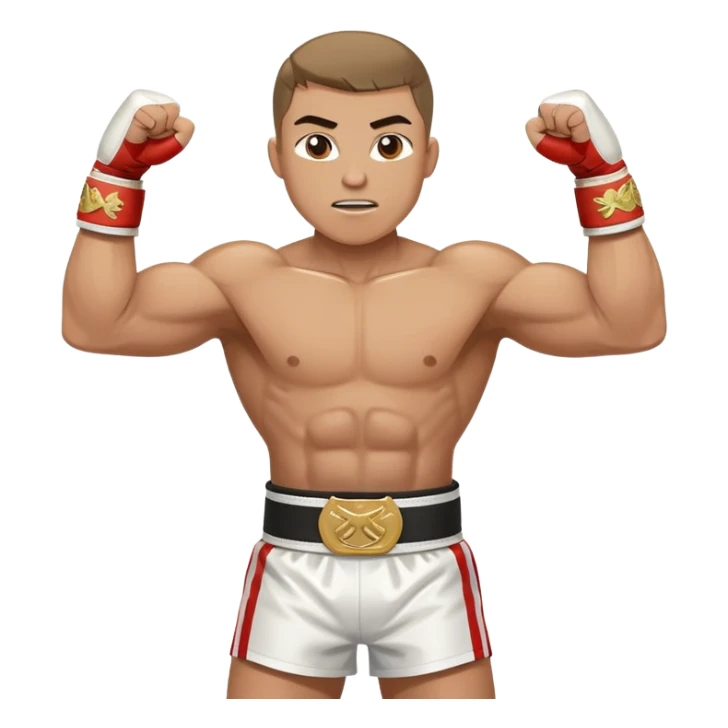 Boxing champion with arms raised in victory, wearing multiple championship belts around waist, determined expression, white hand wraps, muscular cartoon body sticker