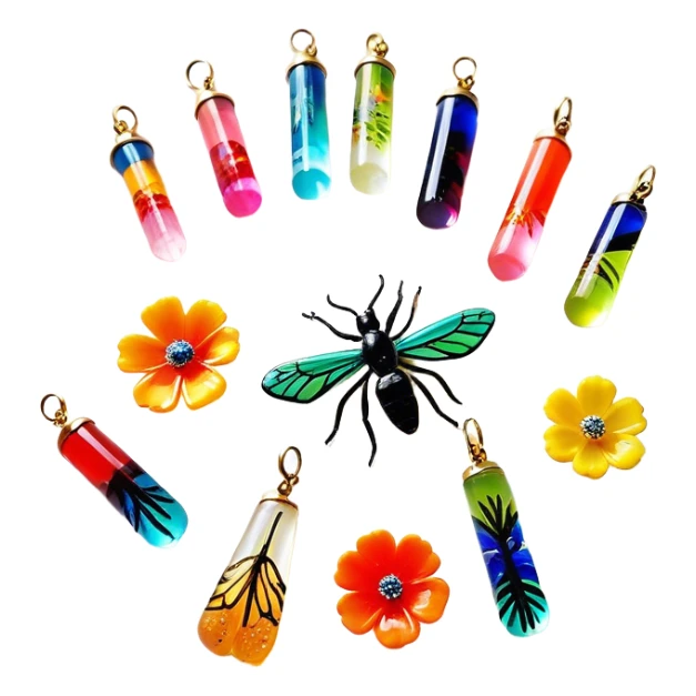 Create an icon that represents decorative arts using epoxy resin. The design should feature colorful tubes of resin, including fluorescent resin tubes, with visible drops or strokes of resin being applied to create intricate designs. Include finished resin jewelry pieces, such as pendants or rings, containing preserved flowers and insects encased in clear resin. The composition should feel vibrant, artistic, and delicate, showcasing the unique beauty of resin art with natural elements. The background should be transparent sticker