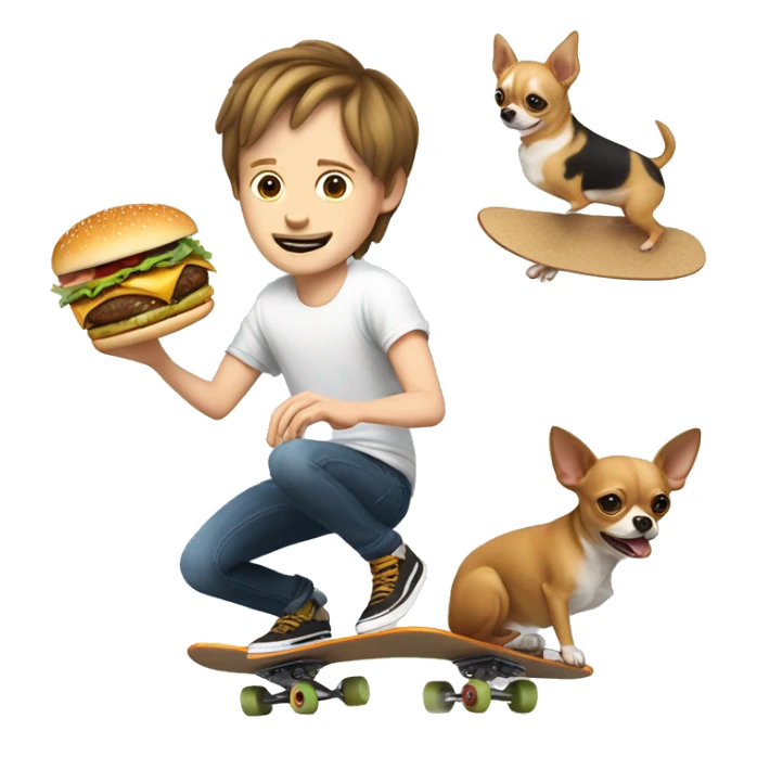 Pale white guy with straight shorter brown hair, eating a burger whilst doing a trick on a skateboard, with a chihuahua sticker