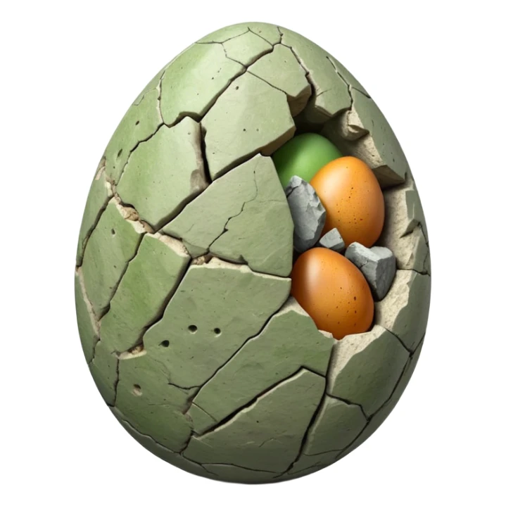 3D render of Dino Egg, embedded in a chunk of rough sedimentary rock, cracked stone texture, ancient fossil aesthetic, speckled greenish-grey stone egg with a crack, matte dry finish, Apple emoji style, isolated on white background --v 6.0. sticker