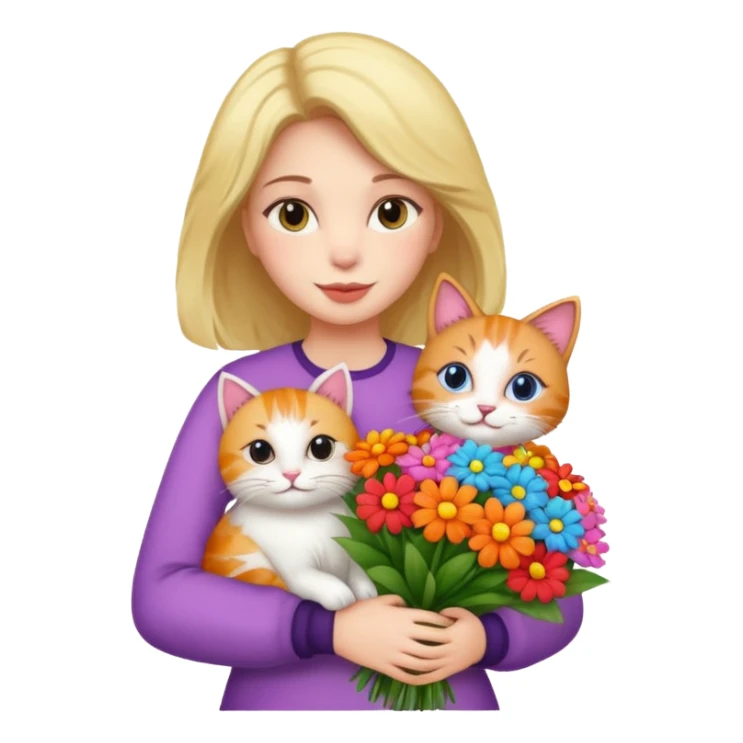 woman holding bouqet and cat sticker