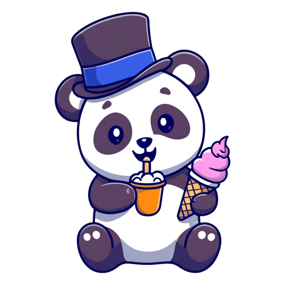 Panda eating ice cream with a top hat sticker