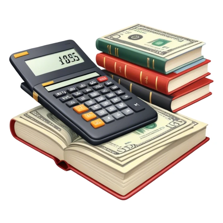 Icon for Business Reading: an open book with graphs, numbers, percentages, formulas, and text on the pages, next to a stack of books, a pile of dollars, a calculator and business magazines like Forbes. Transparent background. sticker