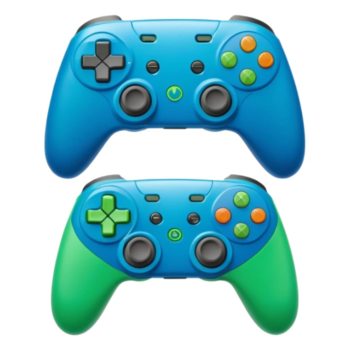 Create a clean, cartoon emoji of two gaming controllers angled toward each other to represent multiplayer gaming. Use bright colors, bold outlines, minimal detail, and a transparent background so it stays clear at small sizes. sticker