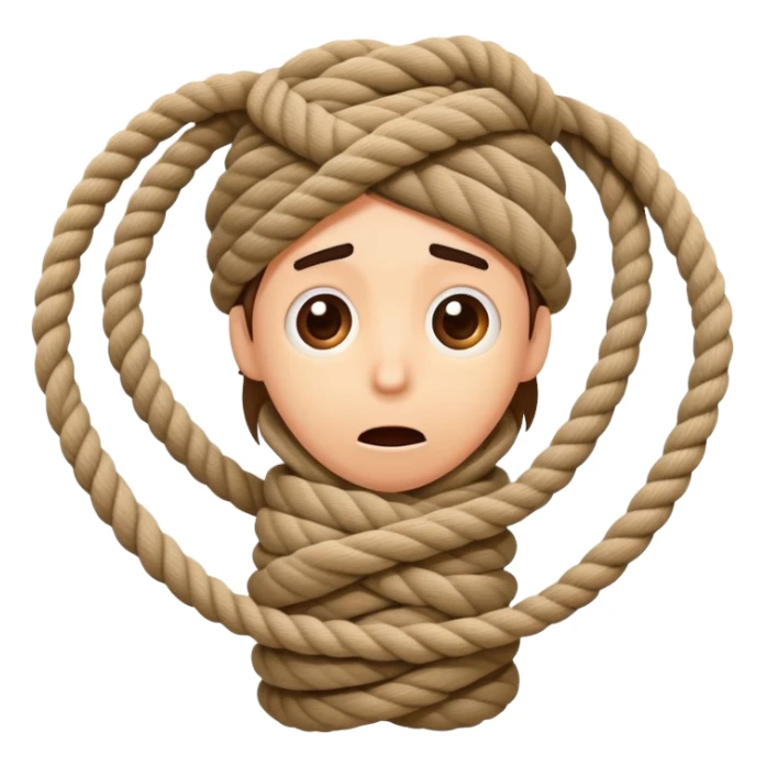 A cartoon person comically tangled and wrapped in rope with a silly surprised expression, looking confused sticker
