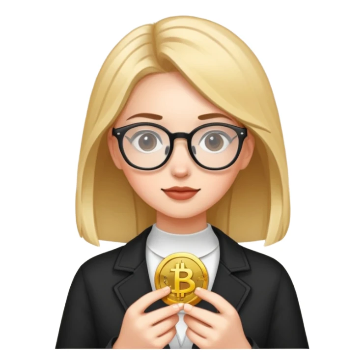 A girls with glasses holding crypto  sticker